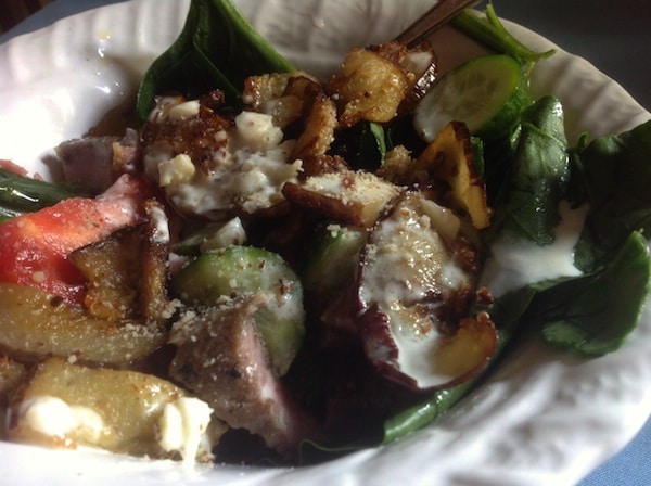 Leftover Roast Lamb Eggplant and Spinach Salad
