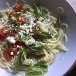 summer pasta with green olives and feta cheese